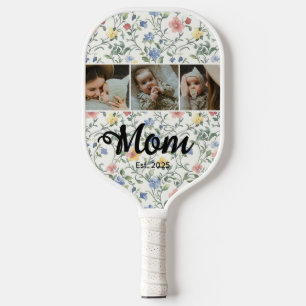 Mom Established Modern Bold Script Floral 3 Photo Pickleball Paddle