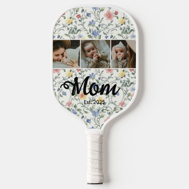 Mom Established Modern Bold Script Floral 3 Photo Pickleball Paddle (Front)