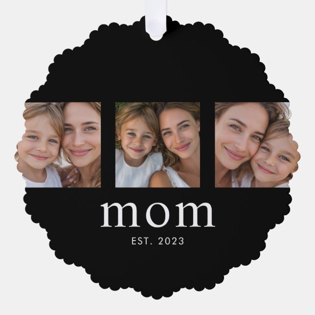Mom Established Modern Minimal Black 3 Photo Tree Decoration Card (Front)