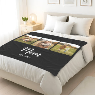 Mom Established Modern Script 3 Photo Black Fleece Blanket