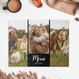 Mom Established Modern Script 3 Photo Black Jigsaw Puzzle