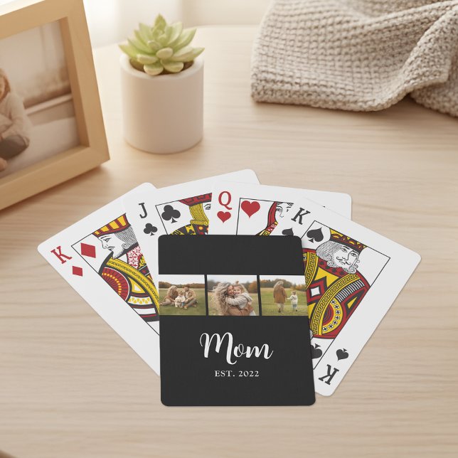 Mom Established Modern Script 3 Photo Black Playing Cards (Mom established 3 photo script text - fully personalizable!)