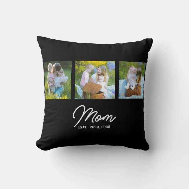 Mom Established Modern Script Black 3 Photo Cushion (Front)