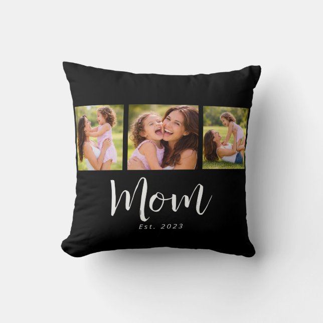 Mom Established Modern Script Black 3 Photo Cushion (Front)