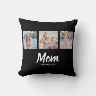 Mom Established Modern Script Black 3 Photo Cushion