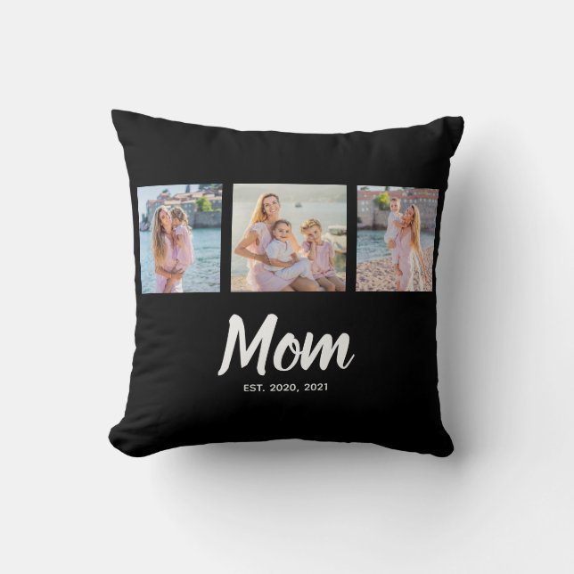 Mom Established Modern Script Black 3 Photo Cushion (Front)