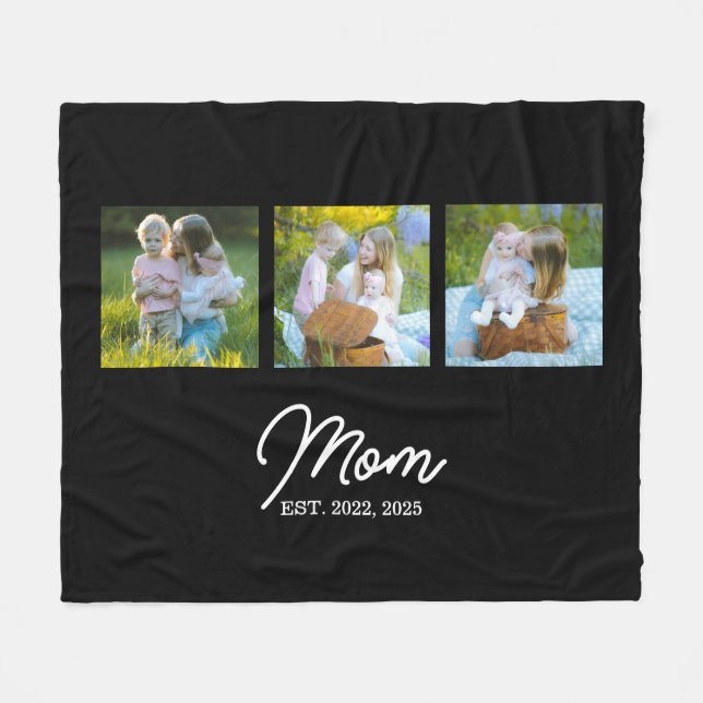 Mom Established Modern Script Black 3 Photo Fleece Blanket (Front (Horizontal))