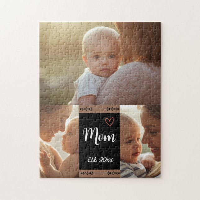 Mom Established Modern Script Black 3 Photo Jigsaw Puzzle (Vertical)