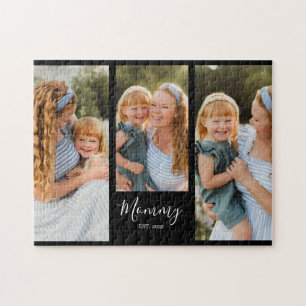 Mom Established Modern Script Black 3 Photo Jigsaw Puzzle