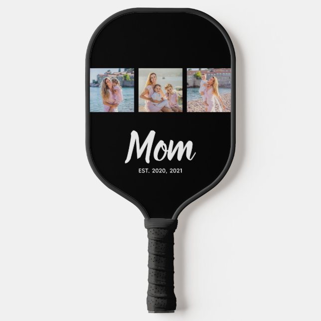Mom Established Modern Script Black 3 Photo Pickleball Paddle (Front)