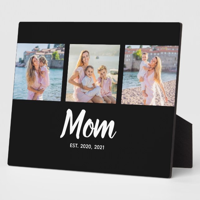 Mom Established Modern Script Black 3 Photo Plaque (Side)