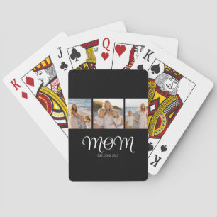 Mom Established Modern Script Black 3 Photo Playing Cards