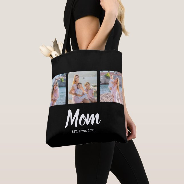 Mom Established Modern Script Black 3 Photo Tote Bag (Close Up)