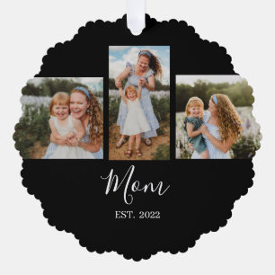 Mom Established Modern Script Black 3 Photo Tree Decoration Card