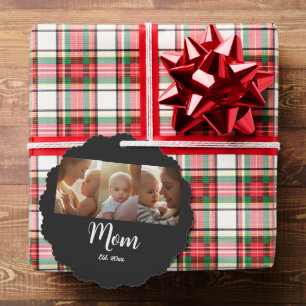 Mom Established Modern Script Black 3 Photo Tree Decoration Card