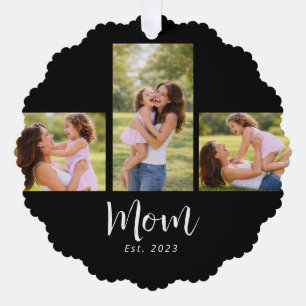 Mom Established Modern Script Black 3 Photo Tree Decoration Card