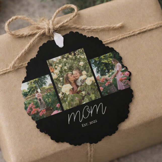 Mom Established Modern Script Black 3 Photo  Tree Decoration Card (Creator Uploaded)