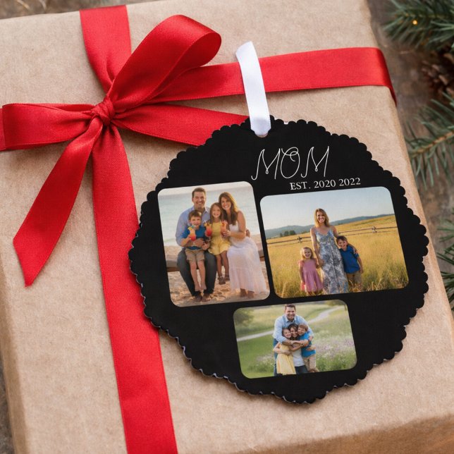 Mom Established Modern Script Black 3 Photo Tree Decoration Card (Creator Uploaded)