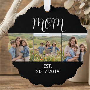Mom Established Modern Script Black 3 Photo Tree Decoration Card
