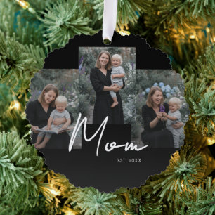 Mom Established Modern Script Black 3 Photo Tree Decoration Card