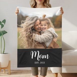 Mom Established Modern Script Photo Black Fleece Blanket