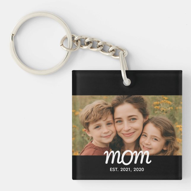 Mom Established Modern Script Photo Key Ring (Front)