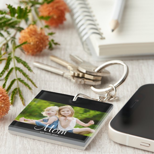 Mom Established Modern Script Photo Key Ring (Front Right)