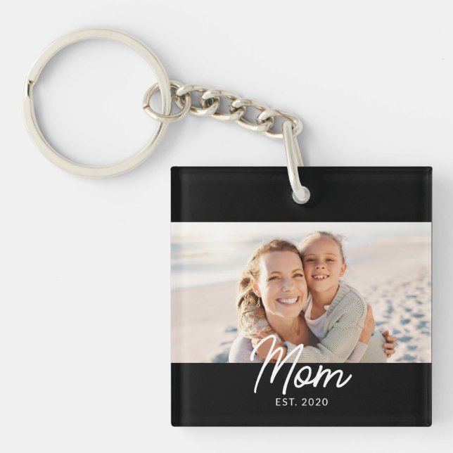 Mom Established Modern Script Photo Key Ring (Front)