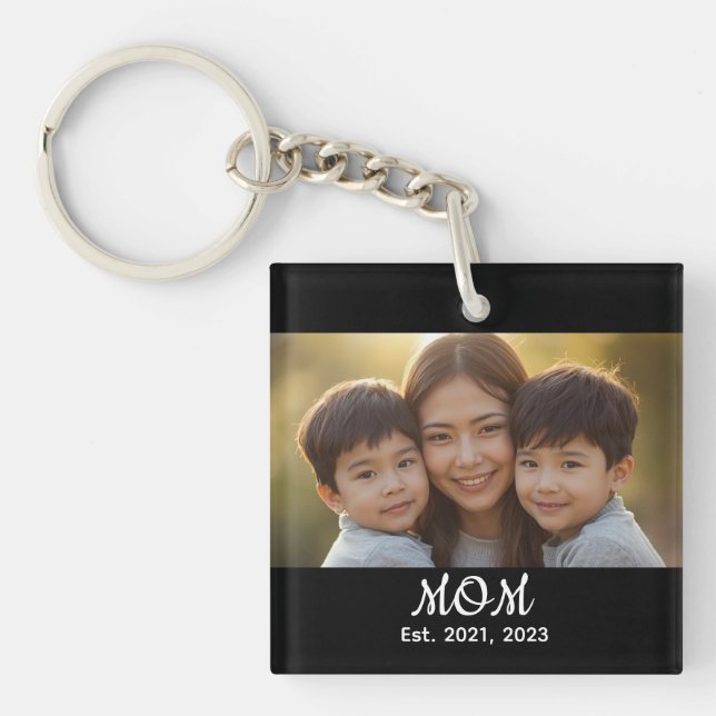 Mom Established Modern Script Photo Key Ring (Front)