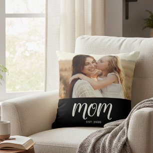 Mom Established Modern Script Photo Throw Pillow