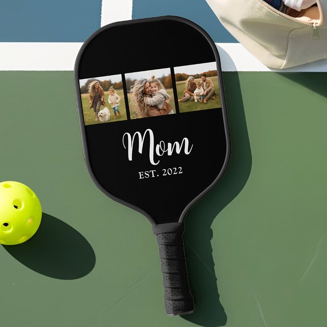 Mom Established Modern Script Text 3 Photo Black Pickleball Paddle (Mom established 3 photo design with elegant white script)