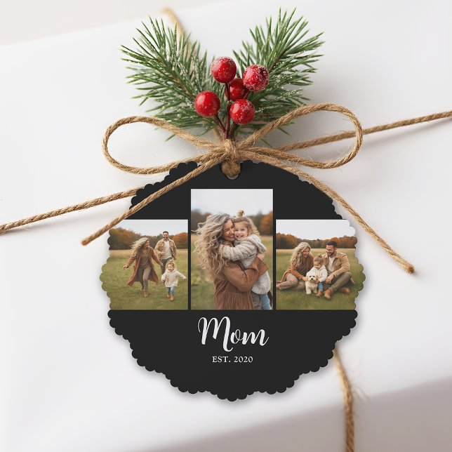 Mom Established Modern Script Text Black 3 Photo Tree Decoration Card (Mom established 3 photo personalized gift tag)