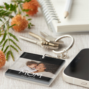 Mom Established Modern Typography Photo Key Ring