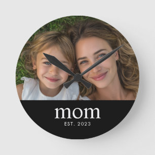 Mom Established Modern White Minimal Photo Round Clock