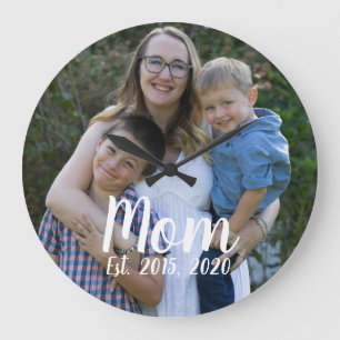 Mom Established Modern White Script Photo  Large Clock