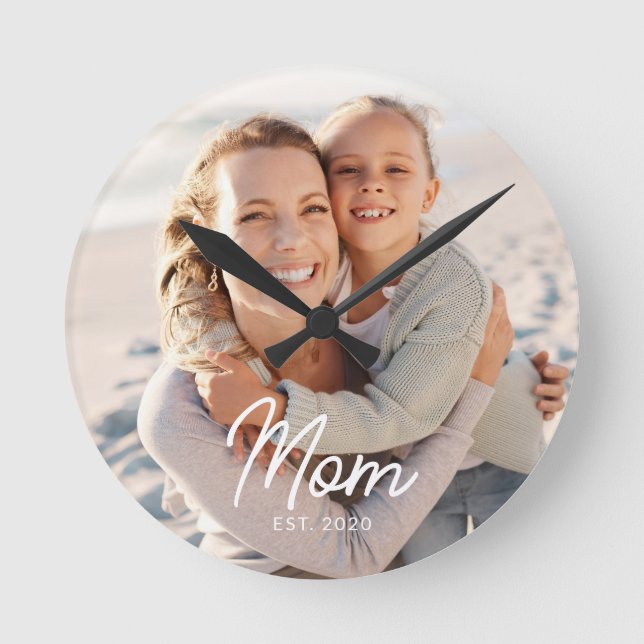 Mom Established Modern White Script Photo Round Clock (Front)