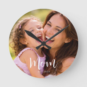 Mom Established Modern White Script Photo Round Clock