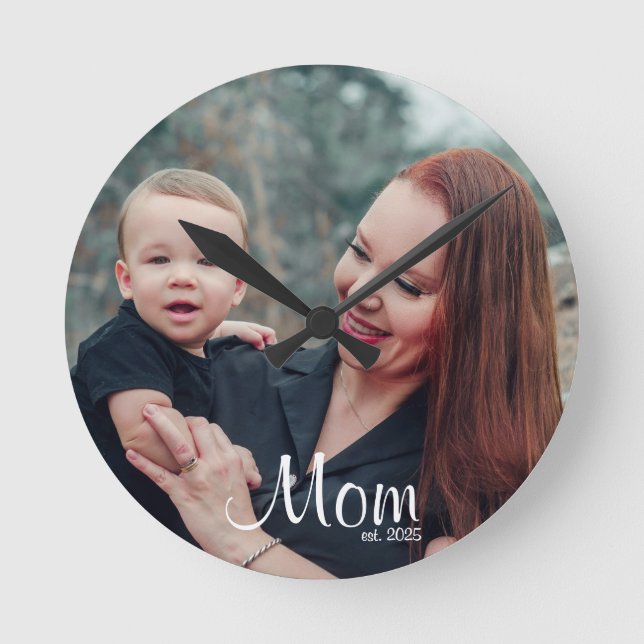 Mom Established Modern White Script Photo Round Clock (Front)
