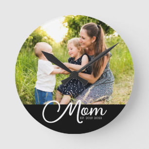 Mom Established Modern White Script Photo Round Clock