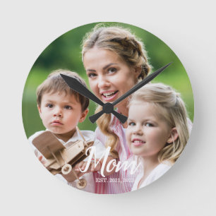 Mom Established Modern White Script Photo  Round Clock