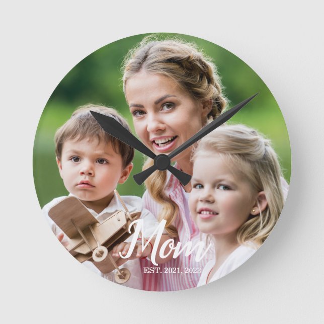 Mom Established Modern White Script Photo  Round Clock (Front)