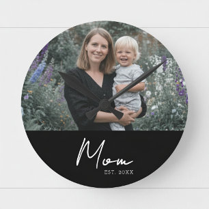 Mom Established Modern White Script Photo Round Clock