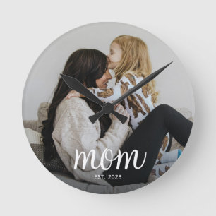 Mom Established Modern White Script Photo Round Clock