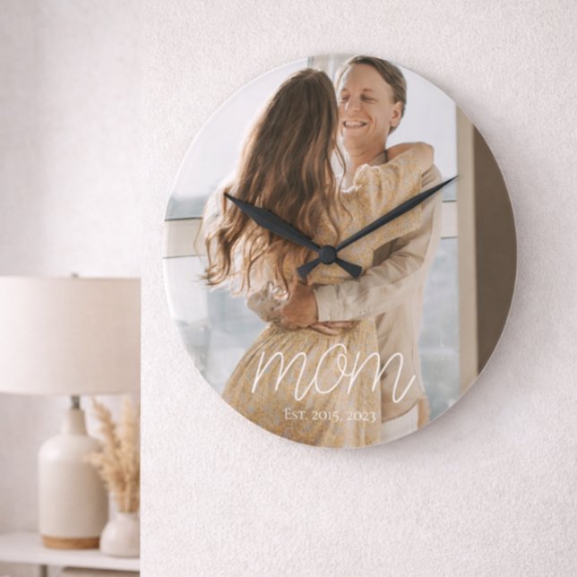 Mom Established Modern White Script Photo Round  Large Clock (Creator Uploaded)