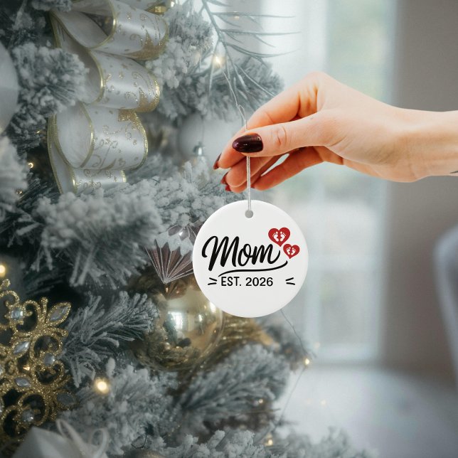 Mom Established Mothers Day Name Year Script Heart Ceramic Tree Decoration (new mom established mothers day ornaments  mama mum typography simple heart modern script christmas )