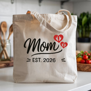 Mom Established Mothers Day Name Year Script Heart Tote Bag