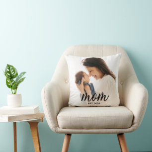 Mom Established Photo Black Script Cushion