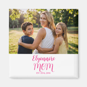 Mom Established Pink Script Name Photo Magnet