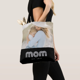 Mom Established Retro Script Black Photo Tote Bag
