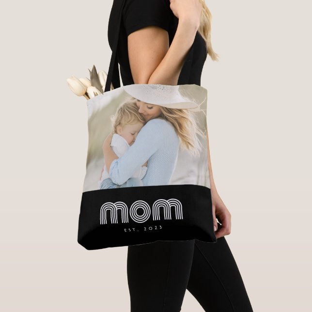 Mom Established Retro Script Black Photo Tote Bag (Close Up)